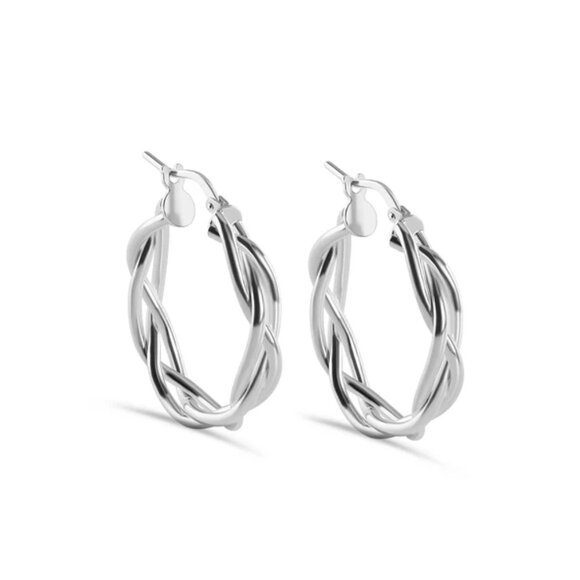 925 Sterling Silver Jewelry - Sterling Silver 925 High Polished Weave Hoop Earrings Inner 21mm
